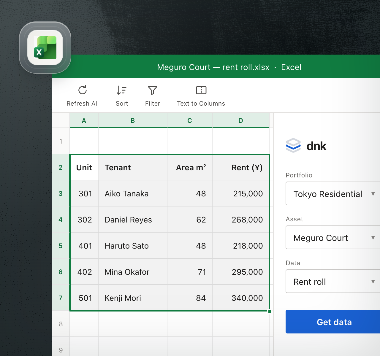 Excel workbook showing a rent roll for one residential asset with the DNK add-in panel open