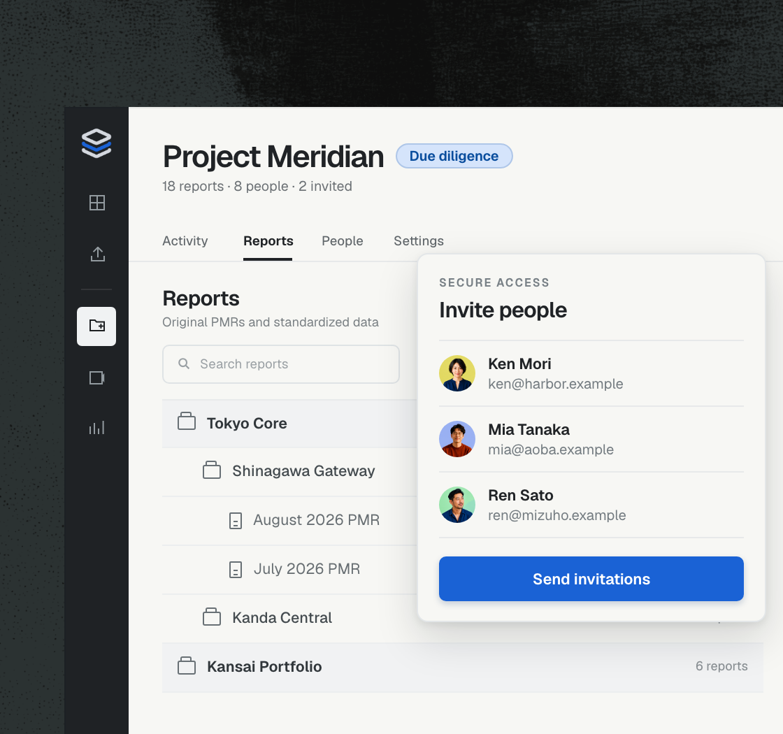 DNK data room with report folders and a secure invitation panel for selected recipients